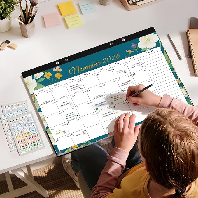 SUNEE Desk Calendar 2027 - 17" x 12" Desk Pad Calendar, 18-Month Monthly Planner Oct. 2026 - Mar. 2028, Desktop Calendar with 308 Planner Stickers, Plastic Protective Corners for Office, School and Home, Floar