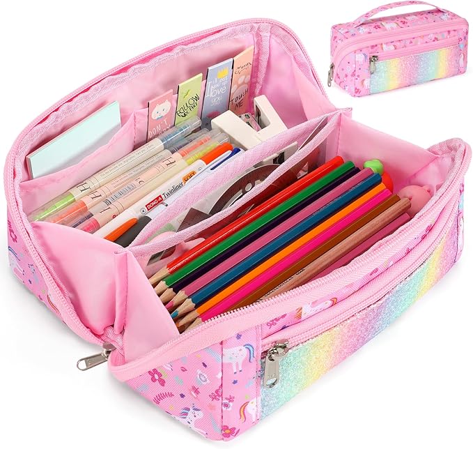 Large Pencil Case for Girls, Aesthetic Pencil Pouch for School, Wide Opening Organizer Box with Handle, Fits 50 Pens & Markers (Glitter Pink Unicorn) | Kids Pencil Case & Wide Handle, Water Resistent Organizer Box, Fits 50 Pens & Markers, Daily Use, Gl...
