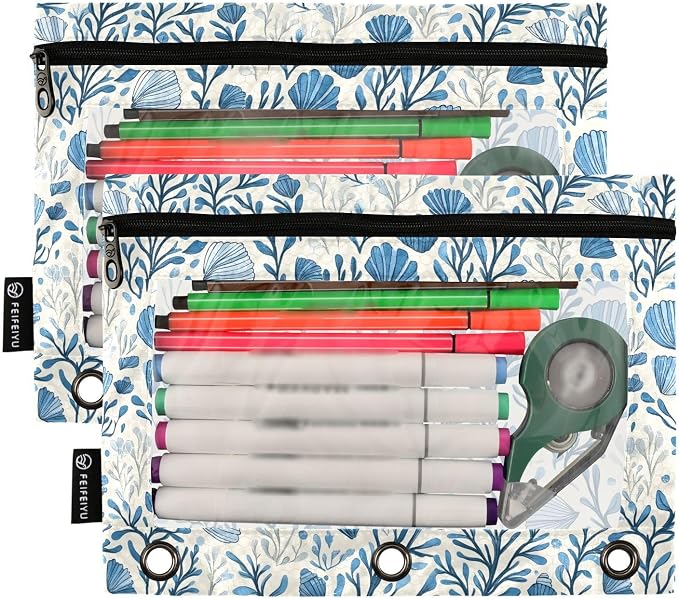 Blue Scallop Seaweed Nautical Coastal Pencil Pouch for 3 Ring Binder 2 Pack Zipper Binder Pencil Bag Case with Clear Window Office School Supplies