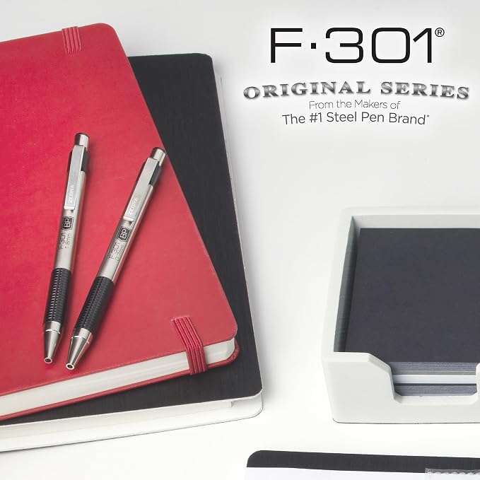 Zebra Pen STEEL F-301 Retractable Ballpoint Pen, Black Ink, 0.7mm, 18-Pack | Stainless Steel Barrel, Non-Slip Grip, Easy-Glide Ink, Fine Point, Professional Design, Ideal for Journals & Planners (27118)