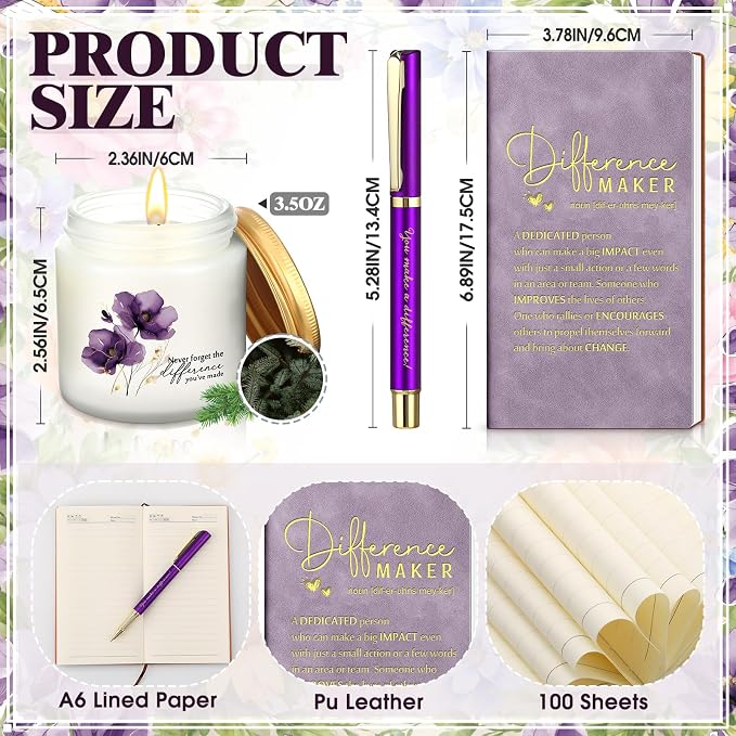4 Pcs Difference Maker Gift Set Mug Notebook Candle Pen,Purple,Flower