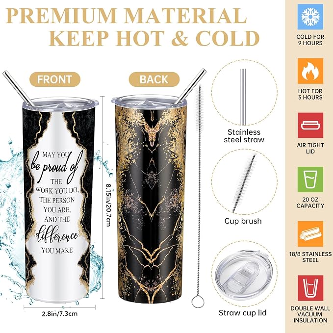 Domensi 6 Pcs Employee Appreciation Gift Set for Women Female Thank You Gift May You Be Proud 20 oz Rustic Marble Sign Tumbler Makeup Bag Journal for Boss Teacher Work Business(Black)
