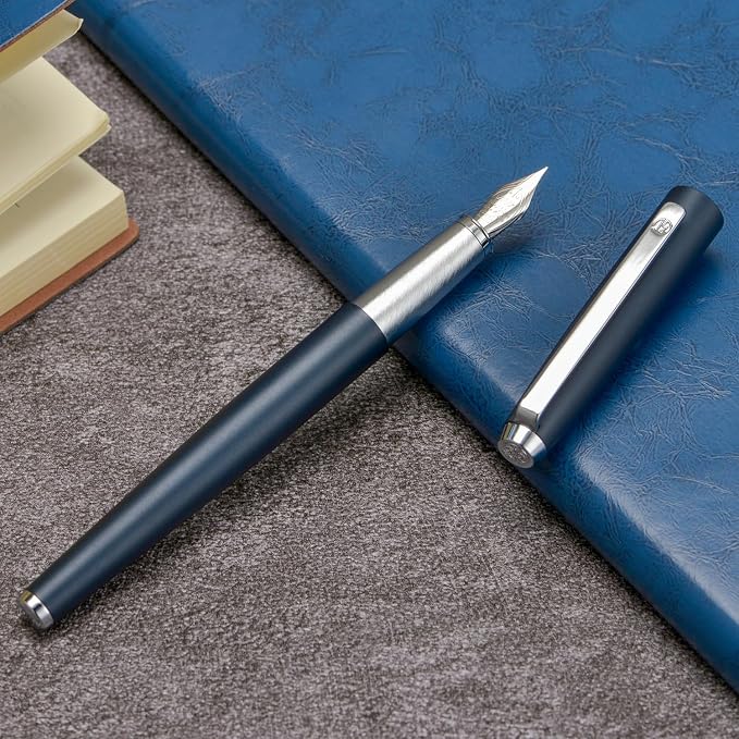 HongDian 525 Blue Metal Fountain Pen Bent Nib, Calligraphy Fude Pen 0.6mm with Converter and Metal Box Set