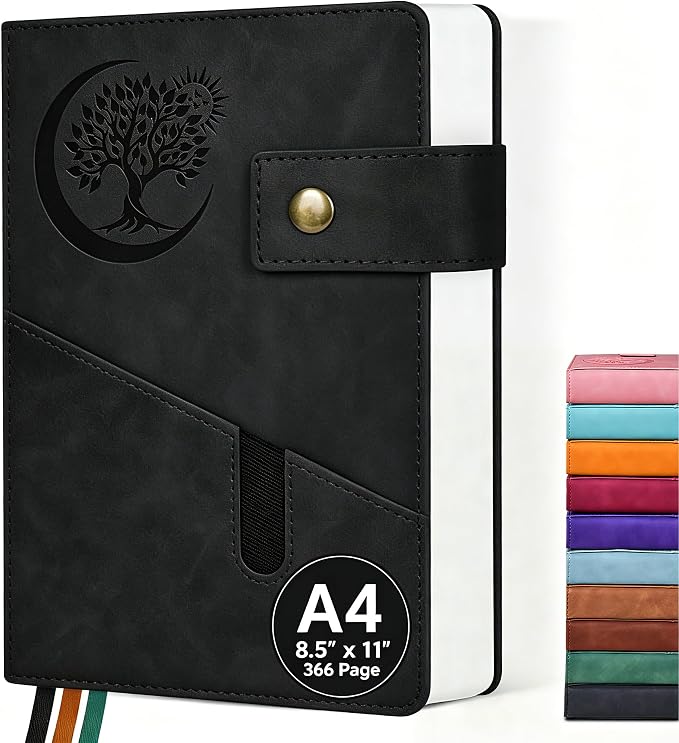 PAIBAS 8.5 x 11 Lined Notebook Journal 366 Pages Leather Journal for Men | Big notebook with 100gsm lined notebook paper college ruled, 3 ribbon bookmarks, front pocket slot & snap button.