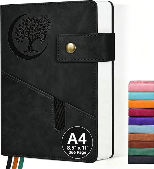 PAIBAS 8.5 x 11 Lined Notebook Journal 366 Pages Leather Journal for Men | Big notebook with 100gsm lined notebook paper college ruled, 3 ribbon bookmarks, front pocket slot & snap button.