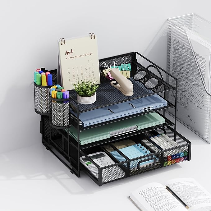 Marbrasse Desk Organizer and Accessories, 4-Tier Paper File Letter Tray Accessories & Workspace Desk Organizers with Drawer and 2 Pen Holders for School Home Office Supplies (Black)