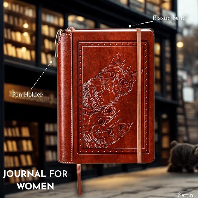 SETTINI® Lined Journal - Cat Journal for Writing Gift Set - Hardcover Vegan Leather, Includes Luxury Pen in a Unique Pen Holder, 192 Pages, A5, Birthday Gift, Journal for Women