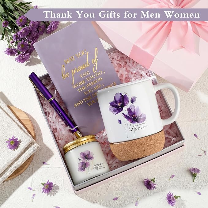 Sayglossy 4 Pcs Thank You Gift Set for Women Back to School Teacher Appreciation Gift Leather Notebook Purple Flower Coffee Mug Scented Candle Ballpoint Pen for Employee Coworker DSP Housekeeping Week