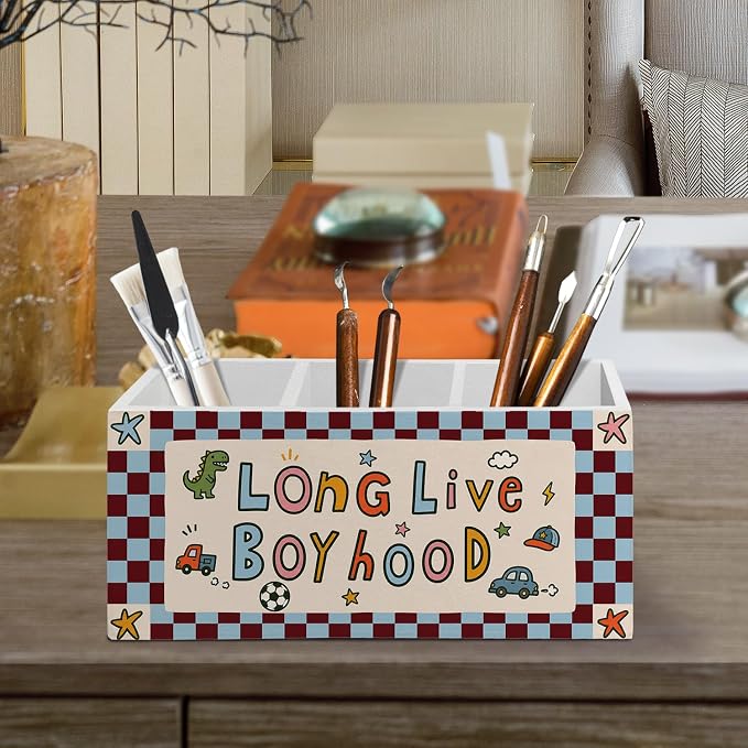 Retro Long Live Boyhood Pen Pencil Holder for Desk Accessories | Boys Room decor, Blue Red Checkered Pen Pencil Holder Organizer Wooden Box Sign for Kids Boys Nursery Playroom Classroom Desk