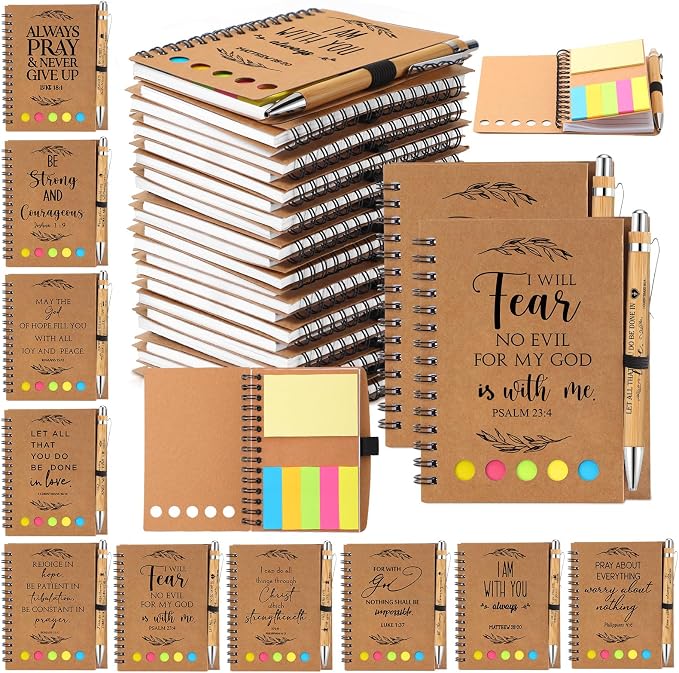 Kosiz 40 Pcs/20 Set Christian Gift Bulk Bible Verse Bamboo Pen Spiral Bible Notebook with Notes Religious Basket Stuffers for Back to School Teacher Church Members Coworker (Kraft)