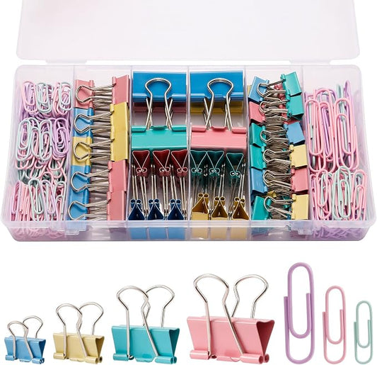 280 PCS Colored Binder Clips & Paper Clips Assorted Sizes, Paperclips Large Medium Small, 2-in-1 Combo Set with Storage Case, Office Supplies for Home, School, Business Organization