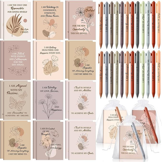 Mooliwe 72 Pcs Positive Affirmation Gift Set Gratitude Notebooks with Pens Small Bags Motivational Encouragement Notepads Daily Affirmations Journal for Women Stress Relief Self Care (Elegant)
