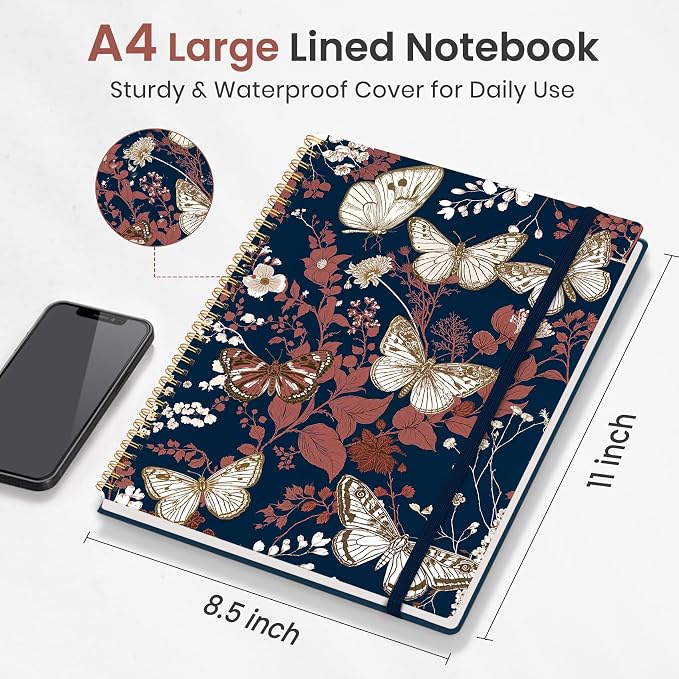 Taja Large Spiral Lined Journal for Women, 8.5" x 11" Notebooks for Work Collge Ruled, A4 Aesthetic Cute Journaling Notebooks for Writing, Plastic Cover, Golden Flutter