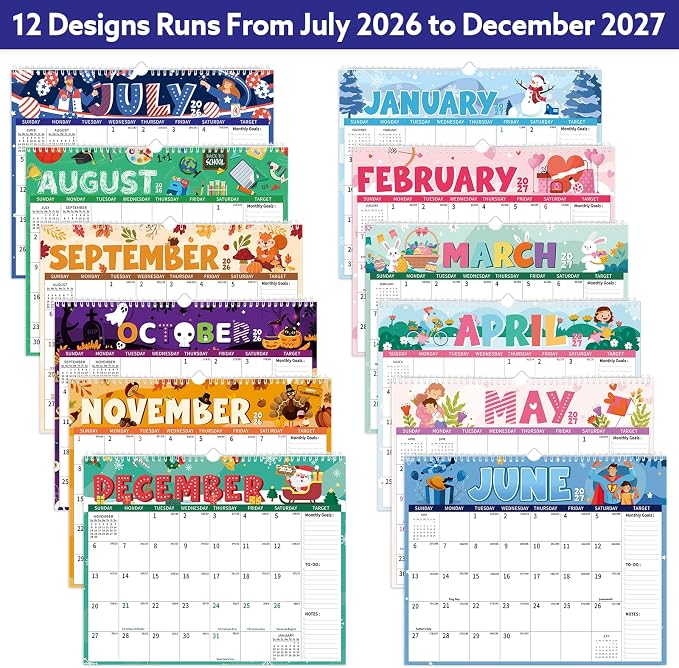 2026-2027 Wall Calendar, 14.5" x 11.8" 18 Month Festival | July 2026-December 2027 120Gsm FSC-Certified Paper Monthly Calendar, Twin-Wire Binding, Ruled Blocks, Holiday Reference