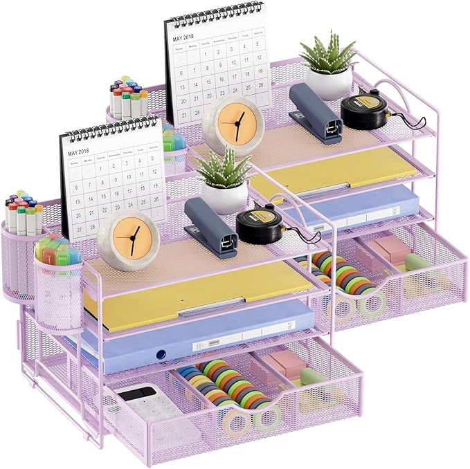 Marbrasse Desk Organizer and Accessories, 4-Tier Paper File Letter Tray Accessories & Workspace Desk Organizers with Drawer and 2 Pen Holders for School Home Office Supplies (Purple) 2Pack
