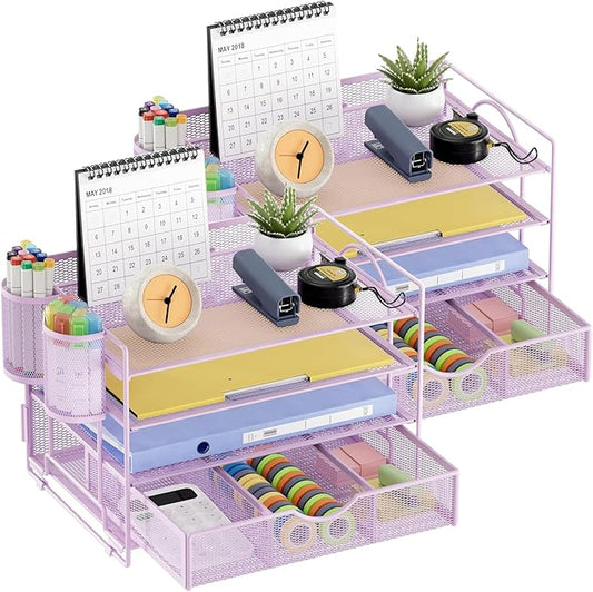 Marbrasse Desk Organizer and Accessories, 4-Tier Paper File Letter Tray Accessories & Workspace Desk Organizers with Drawer and 2 Pen Holders for School Home Office Supplies (Purple) 2Pack