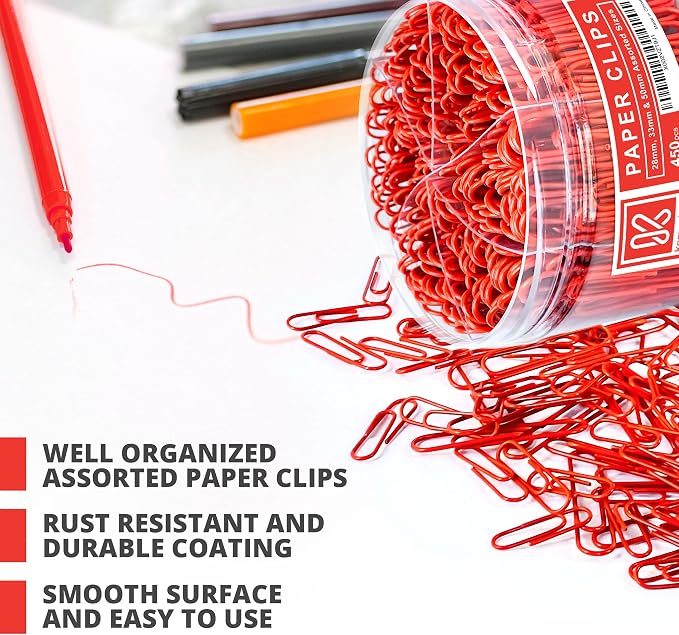 Kempshott 450 Red Color Paper Clips Assorted Sizes Small, Medium and Large Paper Clips for Paperwork Ideal for Home, School and Office Use (Assorted, Red)