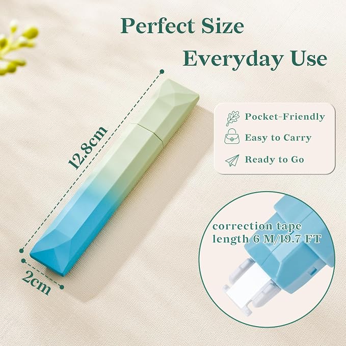 Temiary 5 Pcs White Correction Tapes, Aesthetic White Smooth Pull Out Tape Pens for Instant Corrections, Easy to Use Tear-Resistant Pen Shaped Applicator for Office School Supplies (Gradient Green)
