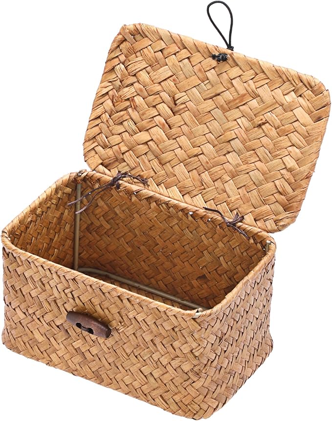 Small Decorative Box Natural Seagrass Box with Lid Small Basket for Organizing Keys Wicker Shelf Baskets for Bathroom Living Room,6.1"L x 4"W x 3.3"H