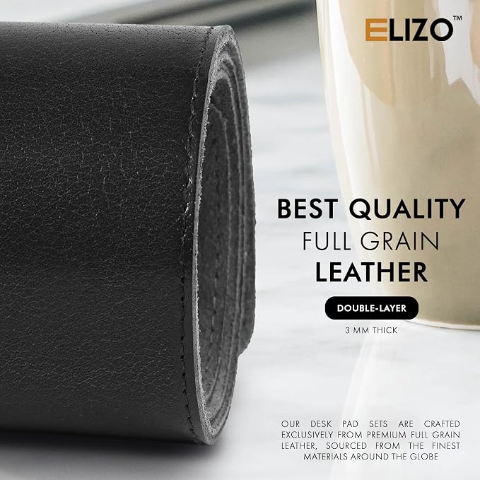 ELIZO Leather Desk Pad Real Leather Desk Mat Thick (3mm) Double Layer (32x16) Cover Blotter Desk Protector Large Computer Mat for Keyboard Mouse Pad Table Laptop Mat Office Accessories - Carbon