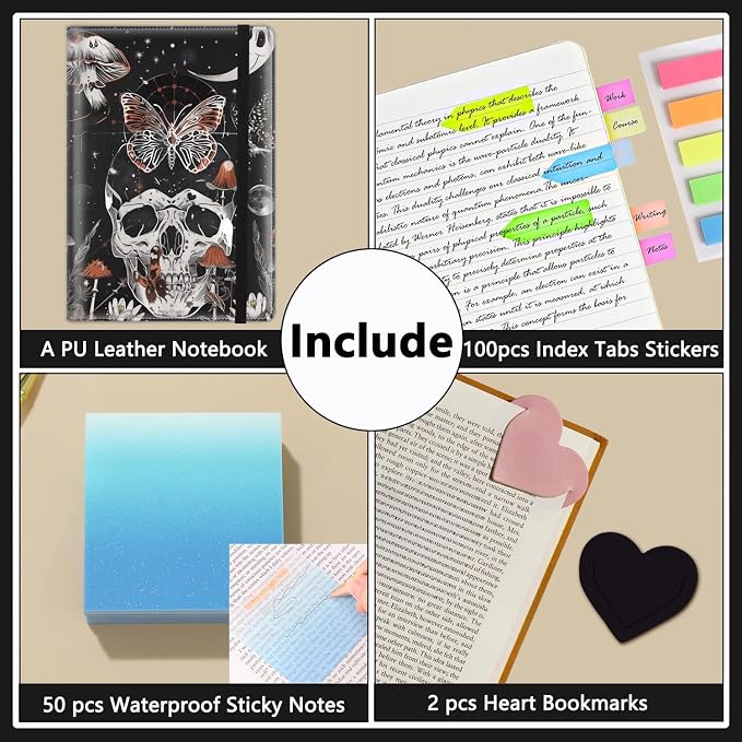 A5 Leather Lined Journal Notebook, 200 Pages Hardcover Executive Notebook for Office School Note Taking, Thick Writing Paper Daily Journal with Bookmarks/Indexes, Moth Skull Skeleton Moon Phase