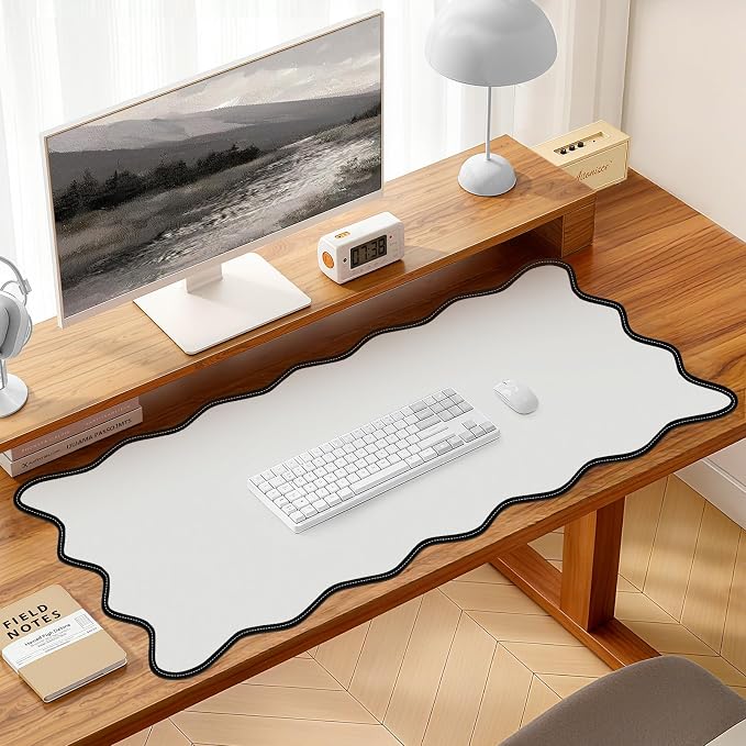 Leather Desk Mat, XXL Large 31.4x15.7in Scalloped Gaming Mouse pad，Non-Slip Rubber Base Keyboard Pad Mousepad for Laptop Computer Game Home Office，Waterproof and Oilproof Desktop Mat I Gray