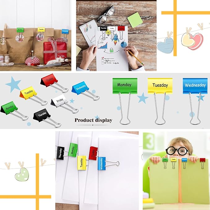 Tenare 6 Pack 2 Inch Teacher Binder Clips, Classroom Paper Organizer | Includes Monday, Tuesday, Friday ,Wednesday, Thursday and Today for Classroom Management Paper Sorting-School Office Supplies