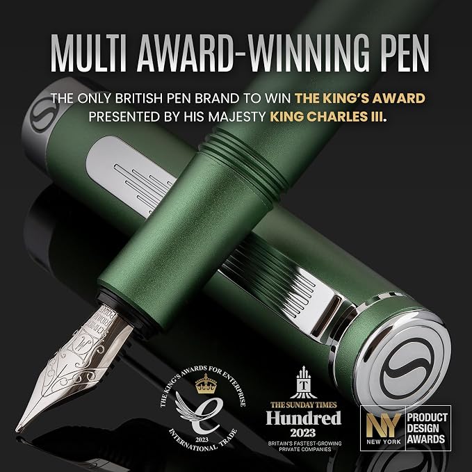 Scriveiner Luxury EDC Fountain Pen (Medium), Stunning Matt Green Pocket Pen, Chrome Finish, Schmidt German Nib, Converter, Best Writing Pen Gift Set for Men & Women, Nice Fancy Office Designer Pen