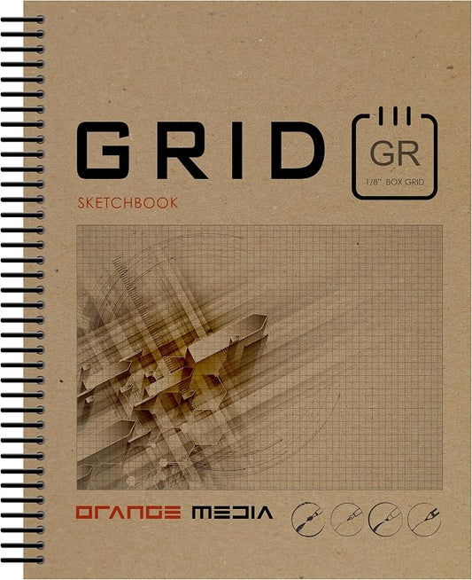 Orange Media Grid Sketchbook. Spiral Bound. Left Spine. Multi-Media. (8.5" x 11") 1/8" Box. (Grey Grid). SB-2550-LS