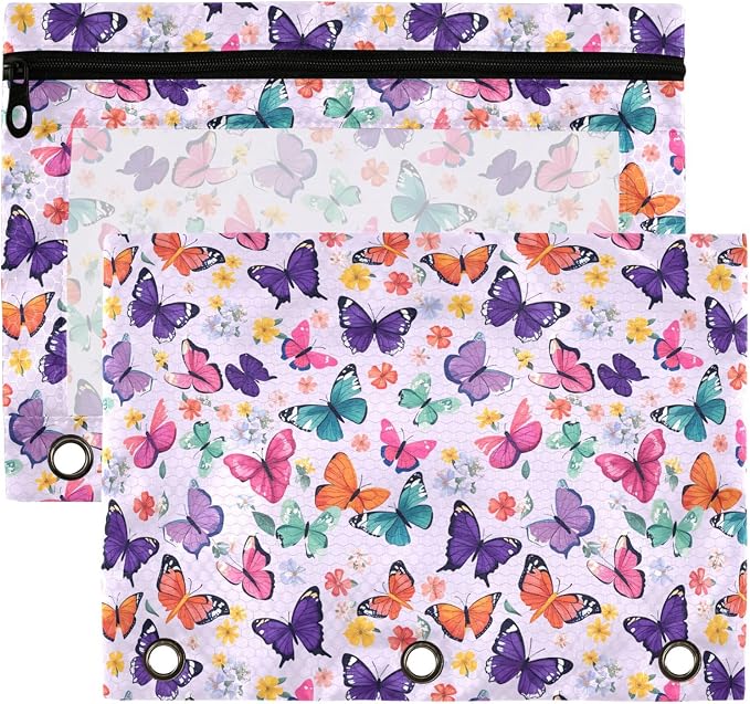 Butterfly Lavender Binder Pouches 3 Ring for Boys Girls School Office College Supplies Purple Rose Flower Pencil Pouches Case Bag with Clear Window and Zipper 2 Pack