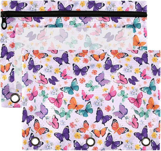 Butterfly Lavender Binder Pouches 3 Ring for Boys Girls School Office College Supplies Purple Rose Flower Pencil Pouches Case Bag with Clear Window and Zipper 2 Pack