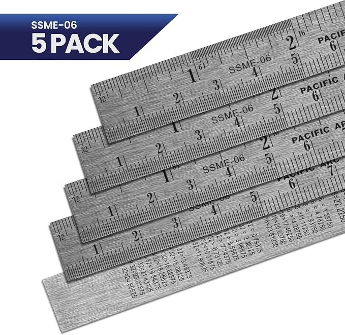 5 Pack | Pacific Arc, 6 Inch Stainless Steel Ruler with Inch/Metric Conversion Table.
