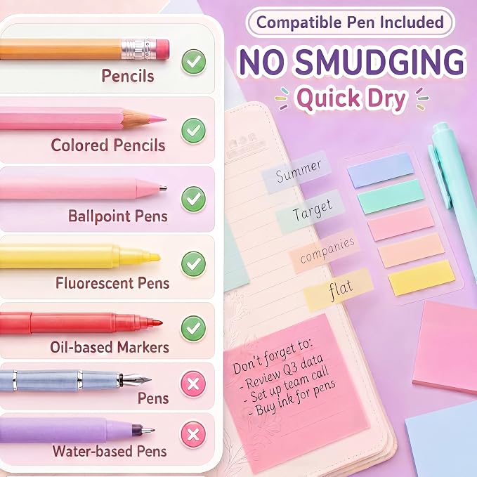 Eaasty 800 Sheets Transparent Sticky Notes 15 Pads Pastel Clear Bible Sticky Notes with Lined with 2 Pens Colorful Waterproof Translucent Pet Tabs for Bible Study Books Annotation School Office
