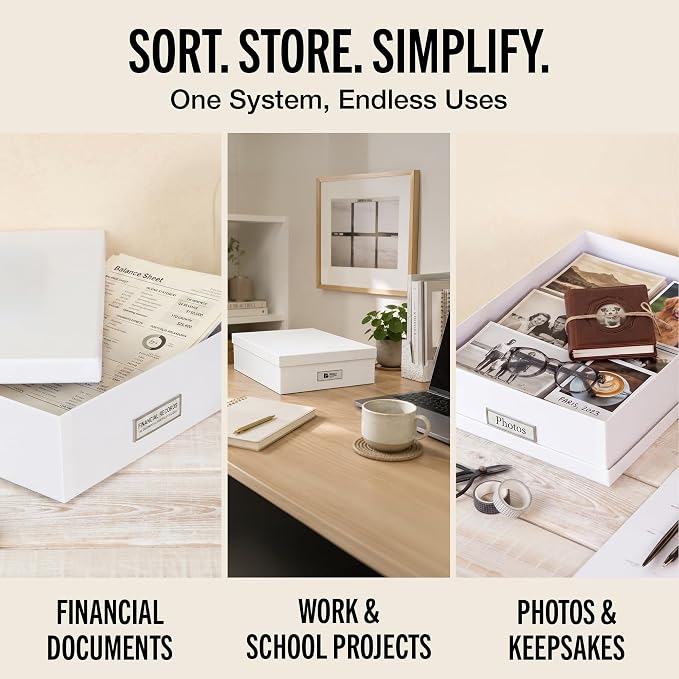 Bigso Oskar Fiberboard Label Frame Document Letter Box - File Organizer Box for Important Paperwork - Document Storage with a Lid & Metal Label Window - 3.3 in x 10.2 in x 13.8 in - 3 Pack - White