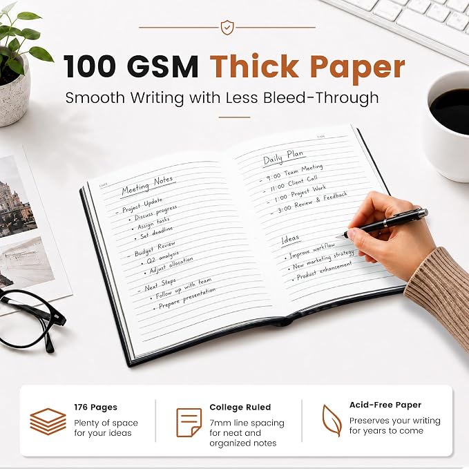 CAGIE Lined Journal Notebooks 3 Pack, 176 Pages Each, A5 Softcover, College Ruled, 100 GSM Thick Paper, for Work, Writing, School (Black, Black, Black) (5.7'' x 8.3'')