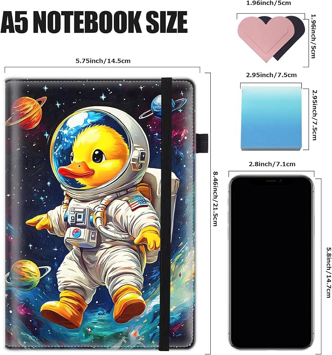 Hardcover Executive Notebooks, A5 PU Leather Lined Journal Notebook, 200 Pages Thick Paper Subject Notebooks for School,Work,Home Writing Business Notebook, Diary Book ，Rubber Duck Astronaut