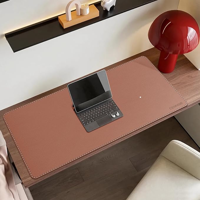 CENNBIE 35.5" x 16" Leather Desk Mat, Computer Mouse Pad for Office(Brown) | Premium stitched edges resist wear. Easy to clean. Protects desk from spills, stains ,scratches. Smooth glide. Office & home.