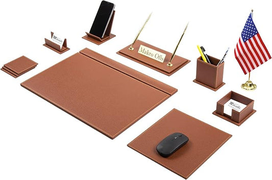 Venus Bonded Leather Executive Desk Set – 12-Piece Luxury Desk Organizer with Desk Pad, Mouse Pad, Name Plate, Pens & Office Accessories (5 Color Options)
