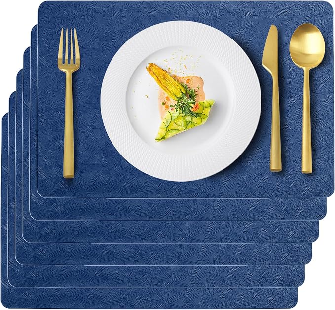Blue Plastic Placemats Set of 6, Faux Leather Waterproof Table Mats | Blue Vinyl placemats,Wipeable and heat resistant table mats.Easy to clean,great for indoor and outdoor