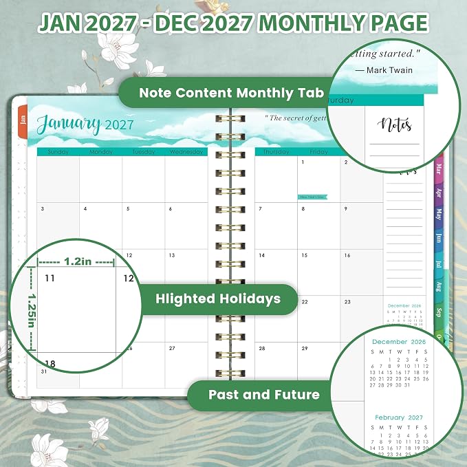 2027 Planner - JAN. 2027 - DEC. 2027, 2027 Planner Weekly and Monthly, Weekly and Monthly Planner with Colorful Tabs, Premium Paper, Twin-wire Binding - Hardcover (6.4" x 8.5", Green, Back Pocket)
