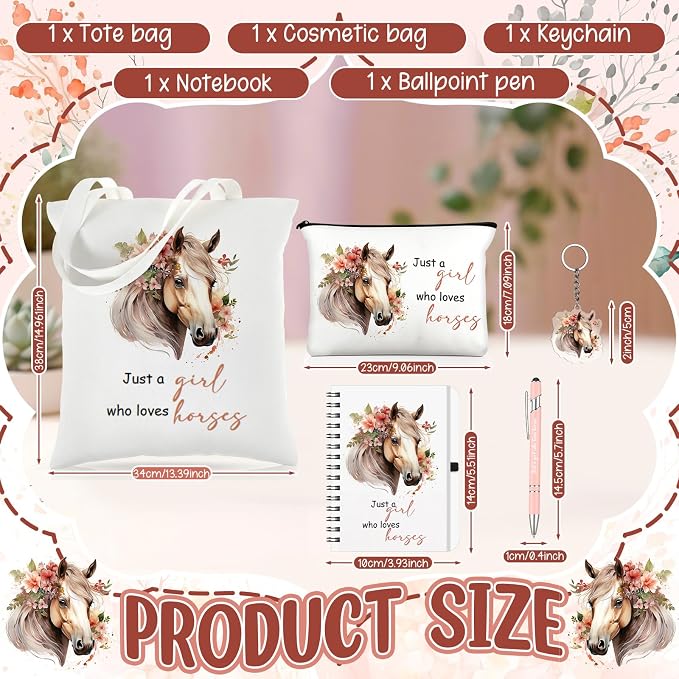 Kinlop 5 Pcs Horse Gifts for Women Include Just a Girl Who Loves Horses Tote Bag Canvas Cosmetic Bag Coil Notebook Keychain and Ballpoint Pen for Women Girls