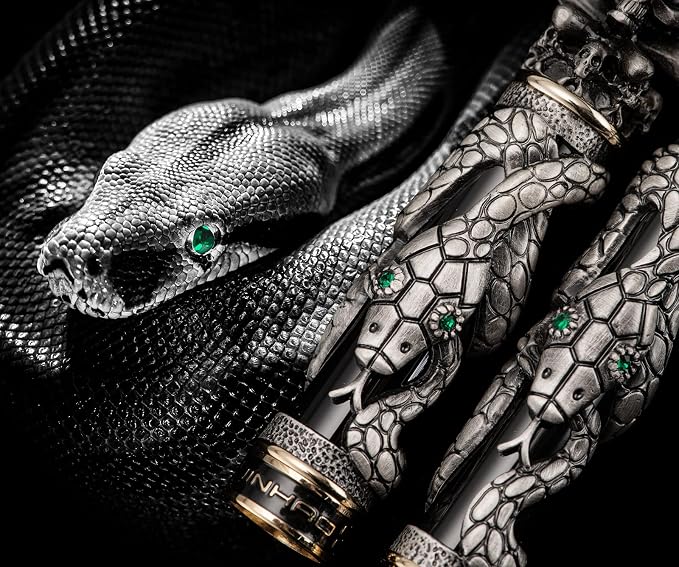 Jinhao Black Snake Fountain Pen Extra Fine Nib Retro Style with Skull Head Solid Metal and Paper Pen Case Set