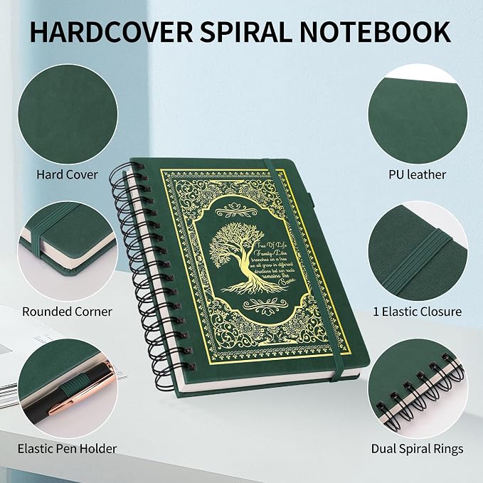 A5 Hardcover Spiral Notebook Tree of Life Journal Daily Journals for Writing Travel Notebooks Journal for Women Men 80GSM Paper Leather Spiral Journal,5.7"x8.3"（Spiral Tree -Green)