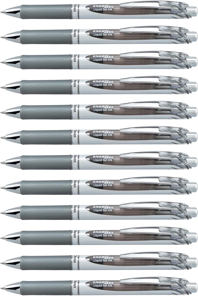 Pentel EnerGel RTX Retractable Liquid Gel Ink Pen, (0.7mm) Medium line, Gray Ink, Box of 12 Pens (BL77-N)