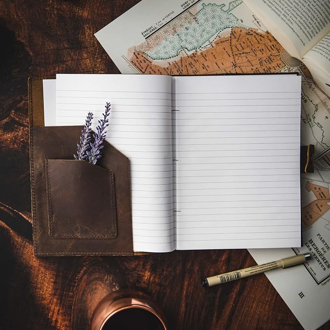 Modest Goods Refillable Leather Journal | Premium Lined A5 Notebook Cover | 200 Ruled Writing Pages | Card Holder Slot | Leather Bound Journals for Men & Women, Best Gift Travel Diary, Cool Planner