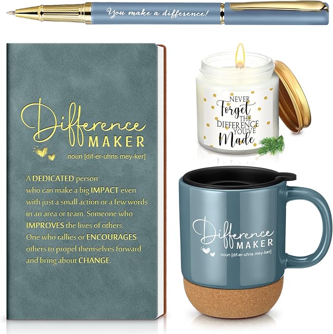4 Pcs Difference Maker Gift Set Mug Notebook Candle Pen,Dark Blue,Word