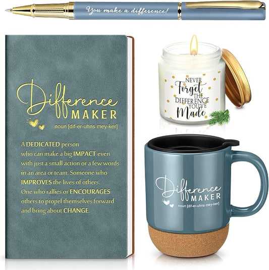 4 Pcs Difference Maker Gift Set Mug Notebook Candle Pen,Dark Blue,Word