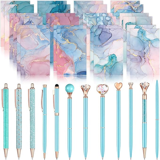 Pasimy 24 Pcs Marble Mini Notebooks with Ballpoint Pens Set Metal Crystal Diamond Pens Pretty Fancy Gifts Marble Pocket Notepads Mini Journals Notebooks Bulk for Women Students School Office