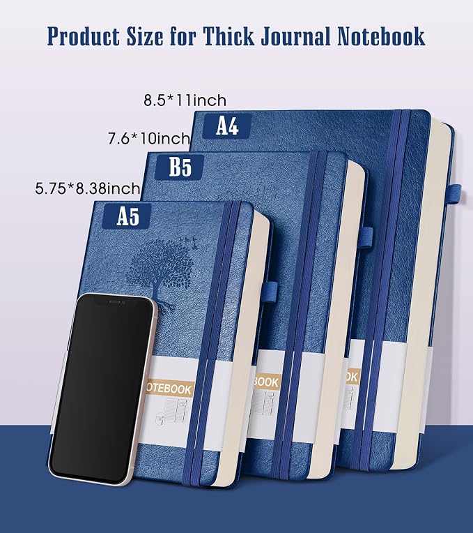 Lined Journal Notebook, 365 Pages B5 Large Journals for Writing Ruled Notebook, Hardcover Leather Journal for Women Men, Daily Notebook for Work, Note Taking, 100Gsm Thick Paper (7.6'' X 10''Darkblue)