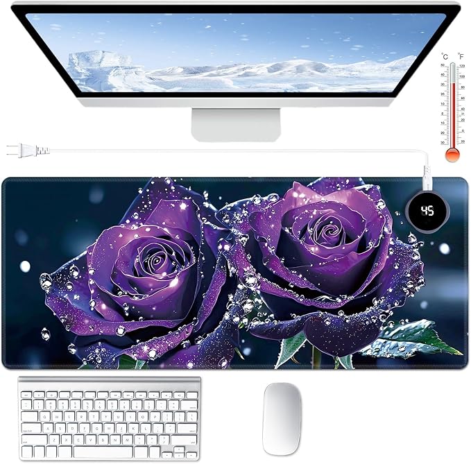 Heated Desk Pad Large Mouse Pad 31.5 x 13 inch with 3 Levels Heating & Auto Shut-Off Warm Mouse pad PU Leather Computer Mousepad for Home Office Work - Purple Rose Flower